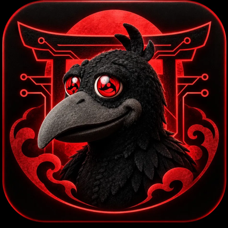 Mascote GenJutsu, um corvo com olhos vermelhos